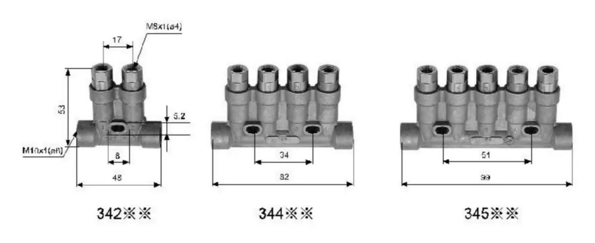 Dimensioned front views of the 342, 344 and 345 distributor blocks, showing M8 × 1 outlets, an M10 × 1 inlet and overall widths of 48, 82 and 99 mm
