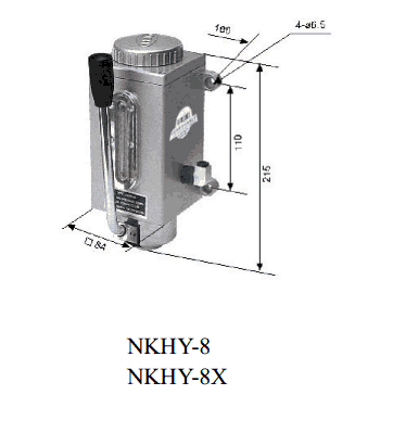 Dimensioned view of the NKHY-8 and NKHY-8X hand pump, 215 mm tall overall with the lever pivot at 110 mm and an 84 mm square base