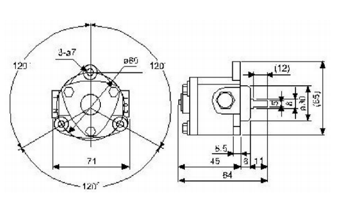 Dimensioned end and side views of the BMA cycloidal pump, showing the three-bolt 120° mounting pattern on an 80 mm circle and an 84 mm overall length