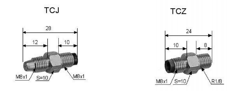 Dimensioned views of the TCJ and TCZ resist-type fittings: TCJ 28 mm long with M8 × 1 both ends, TCZ 24 mm long with M8 × 1 in and R1/8 out, both across 10 mm flats